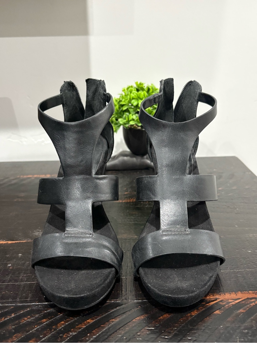 INC International Concepts Black Cutout T-Strap Heeled Sandals